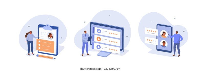 Recruitment illustration set. Hr manager searching potential job candidates and planning human resources. Job seeker writing CV and applying for work position. Hiring concept. Vector illustration.