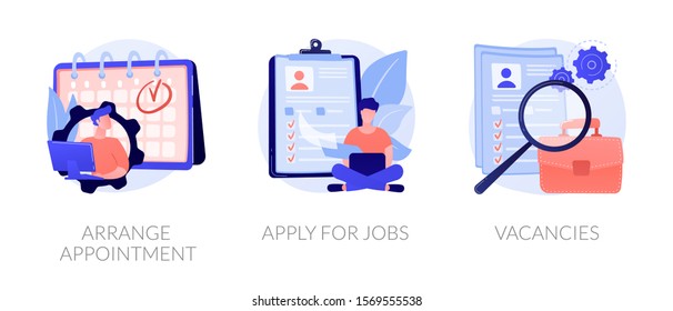 Recruitment interview. Work position sourcing. Employment website. Business recruiting. Arrange appointment, apply for jobs, vacancies metaphors. Vector isolated concept metaphor illustrations