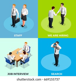 Recruitment isometric 2x2 design concept set with job candidates on colorful backgrounds 3d isolated vector illustration