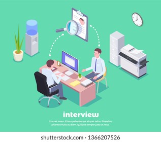 Recruitment isometric background composition with view of two men sitting at table with conceptual pictogram icons vector illustration