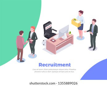 Recruitment isometric background with editable text and human characters of job candidates and office executive workers vector illustration