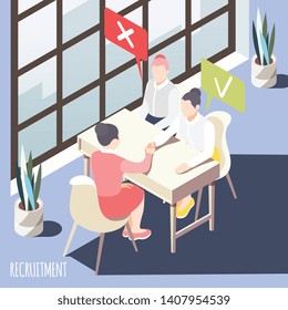 Recruitment isometric background with manager making choice of two applicants when applying for job vector illustration