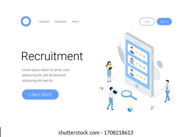 Recruitment isometric concept with characters. HR managers selects job seekers by rating on big smartphone screen. Trendy flat 3d isometric style. Landing page template. Vector illustration.