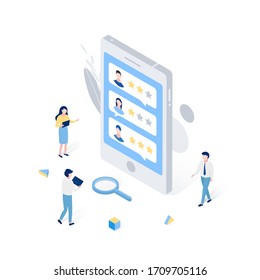Recruitment isometric concept with characters. HR managers selects job seekers by rating on big smartphone screen. Trendy flat 3d isometric style. Vector illustration.