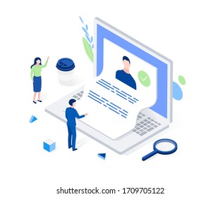 Recruitment isometric concept. HR manager looks through resume of job seeker on laptop screen. Trendy flat 3d isometric style. Vector illustration.