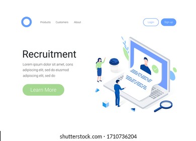 Recruitment isometric concept. HR manager looks through resume of job seeker on laptop screen. Trendy flat 3d isometric style. Landing page template. Vector illustration.