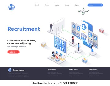 Einstellungs-isometrische Landungsseite. Personalmanagement und Personalwesen Headhunting Isometrie-Webseite. Website flach Vorlage. Studium der Wiederaufnahme von Kandidaten Vektorgrafik mit Menschen Zeichen.