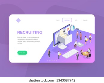Recruitment isometric web landing page design background with conceptual images editable text clickable links and buttons vector illustration