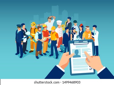 Recruitment of a job candidate concept. Vector of a businessman hand holding a  CV profile of an professional employee or worker 