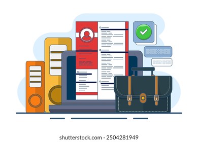 Concepto de empleo de contratación. Entrevista de trabajo en línea, Gerente de Recursos Humanos buscando candidatos potenciales y analizando CV, postulando para puestos de trabajo, proceso de reclutamiento de trabajo. Ilustración vectorial plana.