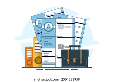 Recruitment job concept. Online job interview, HR Manager looking for potential candidates and analyzing CV, applying for job positions, job recruitment process. Flat vector illustration.