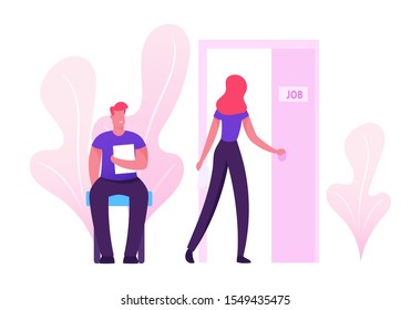 Recruitment, Job Interview Concept. Unemployed People Searching Job. Man with Cv Document in Hand Sitting in Office Hallway Waiting Appointment Woman Applicant Enter. Cartoon Flat Vector Illustration