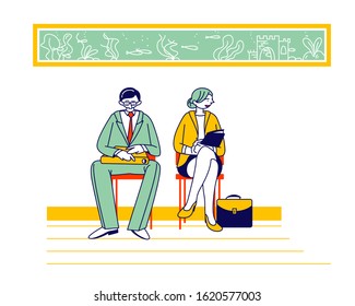 Recruitment, Job Interview Concept. Unemployed People Searching Job. Man and Woman Applicants with Cv Documents Sitting in Office Hallway Waiting Appointment. Flat Vector Illustration, Line Art