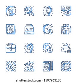 Recruitment, job interview linear icons set. Workforce, human resource, employment service contour symbols isolated pack. Candidate CV, HR management thin line illustrations collection