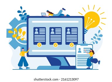 Recruitment job online. Job interview, recruitment agency vector illustration. Human resources management. Online research concept. Job success concept. Business network concept. Team work.