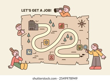 Recruitment and Job Search. Adorable characters are searching for their way to a job using a treasure map as their guide.