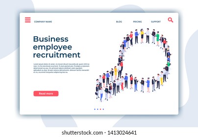 Recruitment landing page. We are hiring, magnifier human resources and business employee research isometric vector illustration