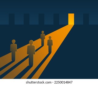 Recruitment or leadership concept - people highlighted with open door - creative visualization of business or self-development challenge competition