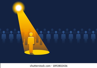 Recruitment or leadership concept. People row with spotlight highlighted one - creative visualization of people challenge competition