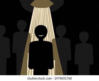 Recruitment or leadership concept people row with spotlight highlighted selected one - abstract creative visualization of people challenge competition