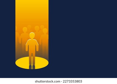 Recruitment or leadership concept. People in spotlight with highlighted one - creative visualization of people challenge competition