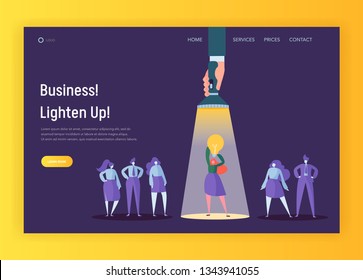 Recruitment Leadership Creative Idea Concept Landing Page. Flashlight Pointing to Young Business lady Character Lighting Up People. Website or Web Page Manager Career Flat Cartoon Vector Illustration