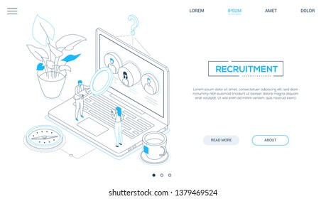 Recruitment - line design style isometric web banner on white background with copy space for text. A website header with male, female managers choosing best candidate, looking at CVs on laptop screen