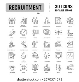Conjunto de iconos editables de la línea de reclutamiento. Headhunting, carrera, currículum, contratación de empleo, candidato y recursos humanos. Ilustración vectorial