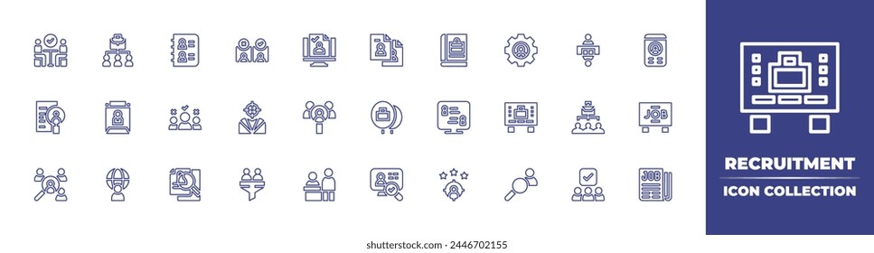 Recruitment line icon collection. Editable stroke. Vector illustration. Containing recruitment, cv, international job, candidate, candidates, job hunting, envelope, job fair, balloons, funnel, target.
