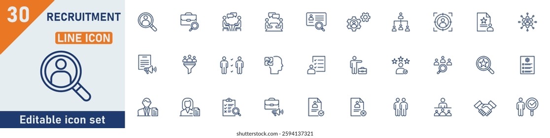 Recruitment line icon set. Set of 30 outline icons related to recruitment, job hiring, human resource, job search, headhunting, interview, job fair and others. Editable stroke. Vector illustration.