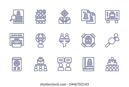 Recruitment line icon set. Editable stroke. Vector illustration. Containing international job, interview, recruitment, business, book, open enrollment, research, funnel, meeting.