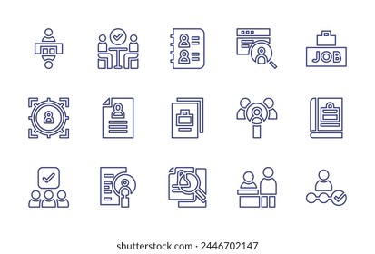 Recruitment line icon set. Editable stroke. Vector illustration. Containing recruitment, cv, job fair, online recruitment, target, hired, candidate, book, profile, interview, selection process.