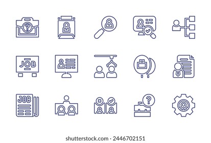 Recruitment line icon set. Editable stroke. Vector illustration. Containing newspaper, online recruitment, interview, job, balloons, job fair, selection, cv, gear.