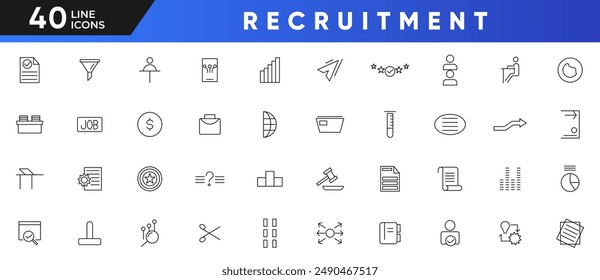 Recruitment line icon set. Headhunting, employee, management, working conditions, teamwork, business, job search, interview, company, and job fair outline icon collection.