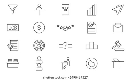 Recruitment line icon set. Headhunting, employee, management, working conditions, teamwork, business, job search, interview, company, and job fair outline icon collection.