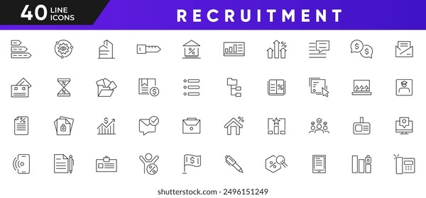 Recruitment line icon set. Headhunting, career, insurance, bonus, leadership, abilities, conflict resolution, interview, job fair, screening, short listed Outline icon collection. UI thin icon pack.