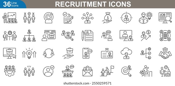 Conjunto de ícones da linha de recrutamento. Inclui ícone de recursos humanos, desenvolvimento de carreira, pesquisa de emprego, triagem cv, seleção de pessoal e mais. ilustração vetorial.