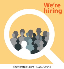 Recruitment. magnifying glass search the best candidate or employee. We're Hiring for a job concept. People silhouette. Template design for a recruitment agency or headhunting. Vector illustration.