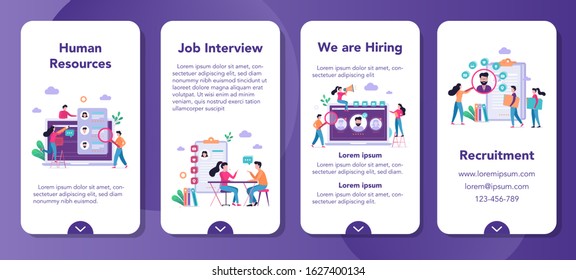 Recruitment mobile application banner set. Idea of employment and human resources. Find candidate for a job. Vacant place, job interview. Vector illustration in cartoon style