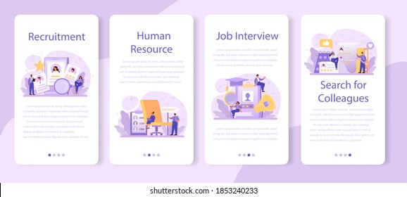 Recruitment Mobile Application Banner Set. Idea Of Employment And Job Interview. Recruitment Manager Searching. Job Candidate For A Start Up Project. Vector Illustration In Cartoon Style