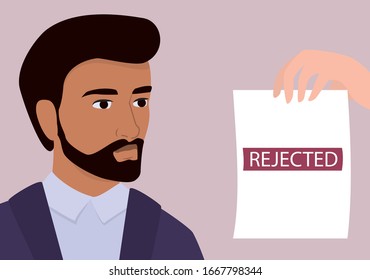 Recruitment nationalism and racism concept. HR specialist reject young man cv. Human resources department don't hire people of different nationality and color. Isolated vector illustration