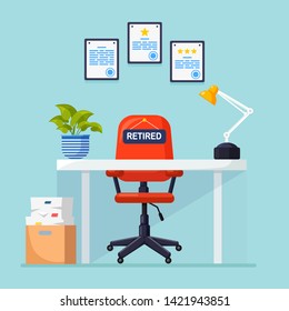 Recruitment. Office interior with desk, chair with sign retired, documents. Retirement. Vacant workplace for worker, employee. Human Resources, HR. Hiring employees. Job interview. Vector flat design