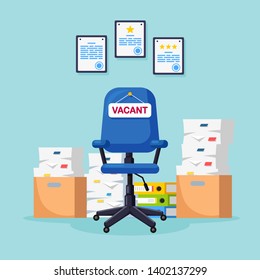 Recruitment. Office interior with desk, vacant chair, computer, laptop, documents, table lamp. Workplace for worker, employee. Human Resources, HR. Hiring employees. Job interview. Vector flat design