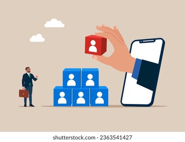 Recruitment online business. Business people putting  cube block from the smartphone screen and on top pyramid.