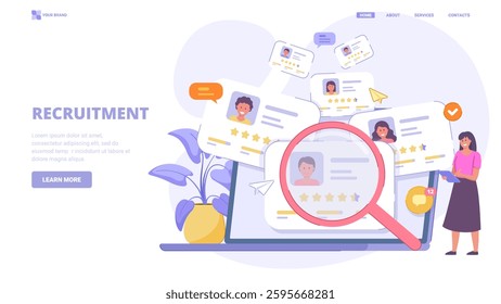 Recruitment, online employee search, hiring process, HR management. Flat design concept with tiny characters for landing page. Vector illustration for website, banner, print.