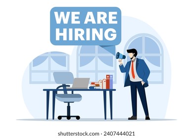 El concepto de vacantes abiertas para la contratación. Estamos reclutando para unirse. empresario que usa megáfono para buscar candidatos al trabajo, ilustración vectorial aislada en fondo blanco.