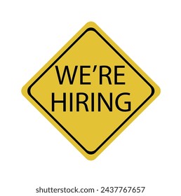 Recruitment open vacancy hiring design information label template. We are hiring to join team announcement lettering in speech bubble chat box vector illustration isolated on yellow background