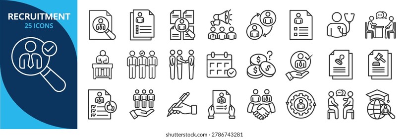 Recruitment outline icon set. Contain recruitment, hiring, staffing, onboarding, talent, interviewing, headhunting, resumes, sourcing, placement