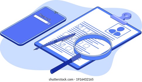 Recruitment of personnel.The concept of selecting an employee, hiring staff.Job search and data collection.Signing a personal contract.3D image.Isometric vector illustration.