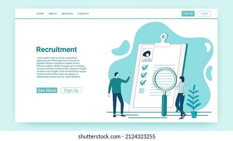 Recruitment of personnel.Specialists study the resumes of new employees.The concept of finding new staff for work.An illustration in the style of a green landing page.